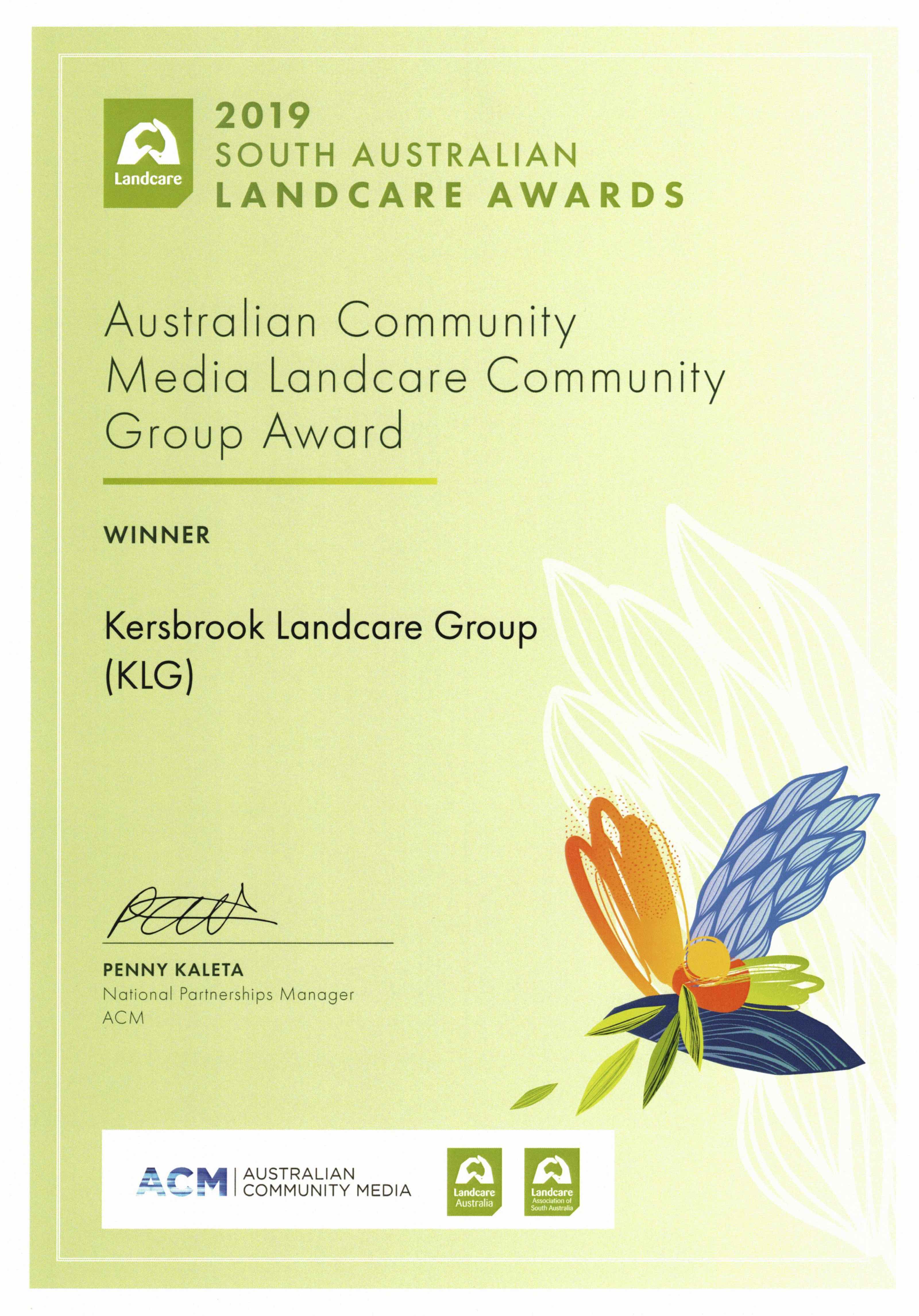 2019 Landcare Award Certificate